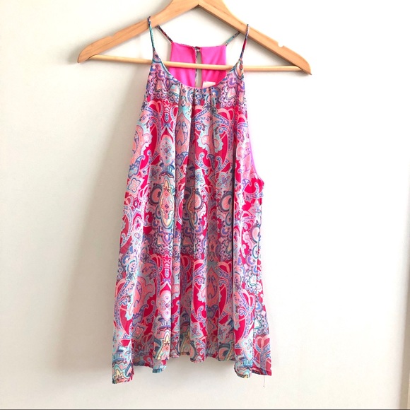 Everly Tops - {Everly} Pink & Paisley Halter Top Trapeze Blouse